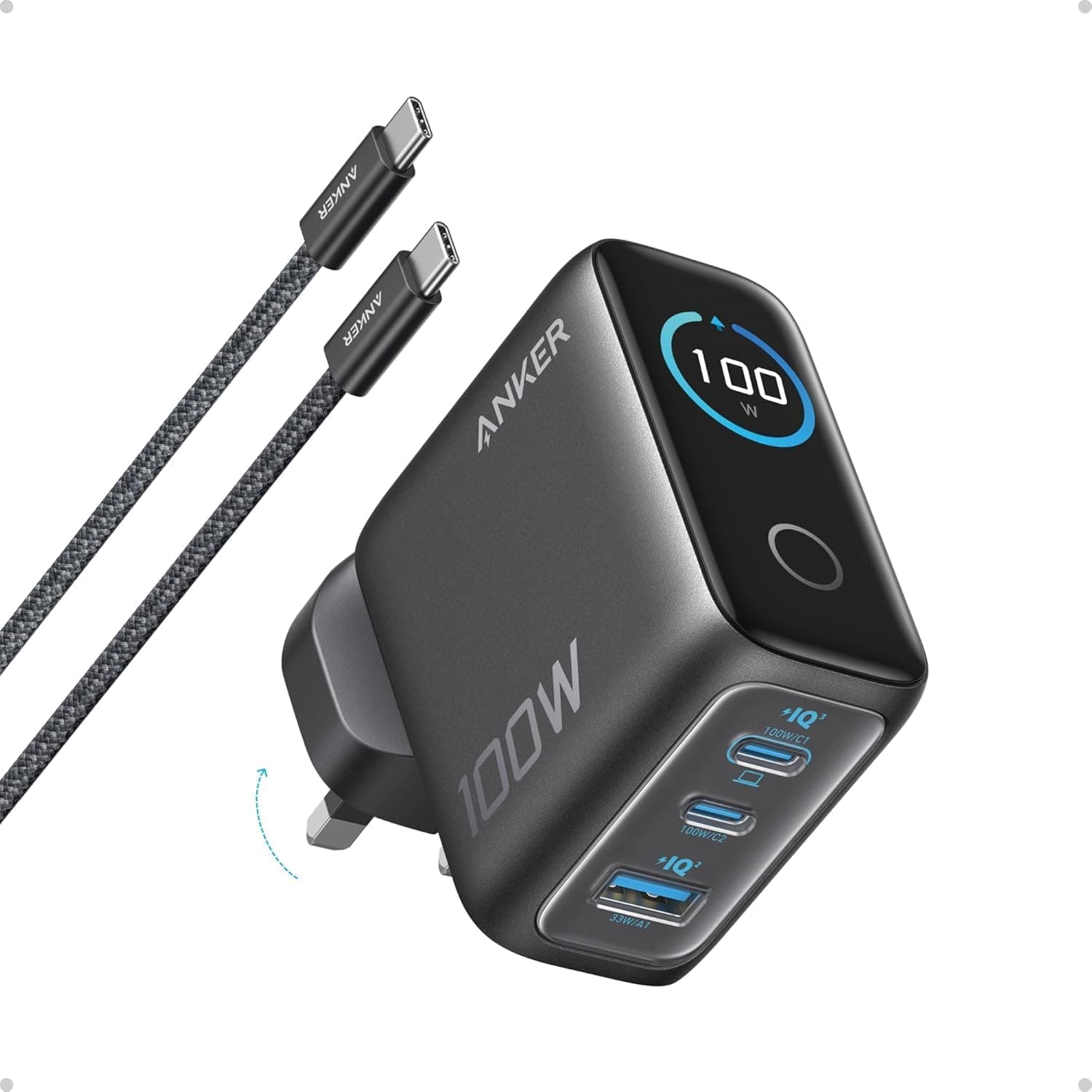 Anker Prime 100W GaN Wall Charger (3-Port Fast Charger for MacBook Pro, iPad, iPhone – Irish 3-Pin)